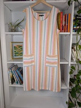 Charlie B Pastel Striped Sleeveless Shift Dress Midi Linen Blend Size Large